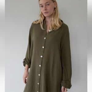 Honest Cotton Button Down Shirt Olive Green Sz L